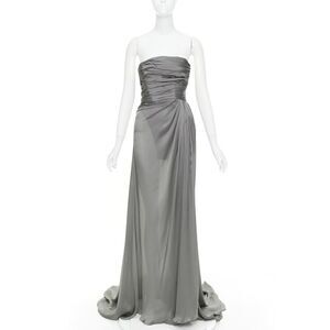 ALEXANDRE VAUTHIER COUTURE steel grey ruched draped strapless high slit gown